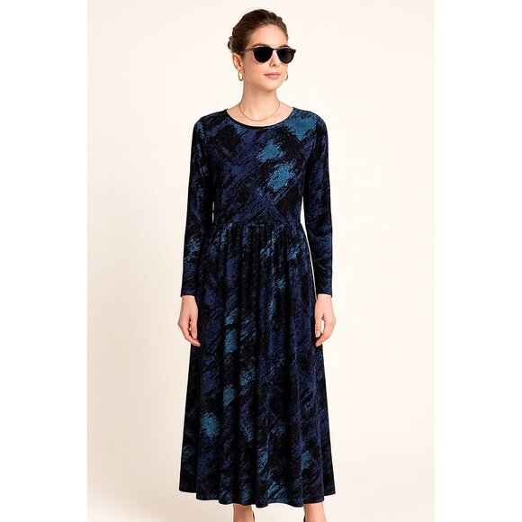 Anne Klein Large Long-Sleeve Lined Dress Abstract Print Blue Black Polyester - Picture 7 of 12